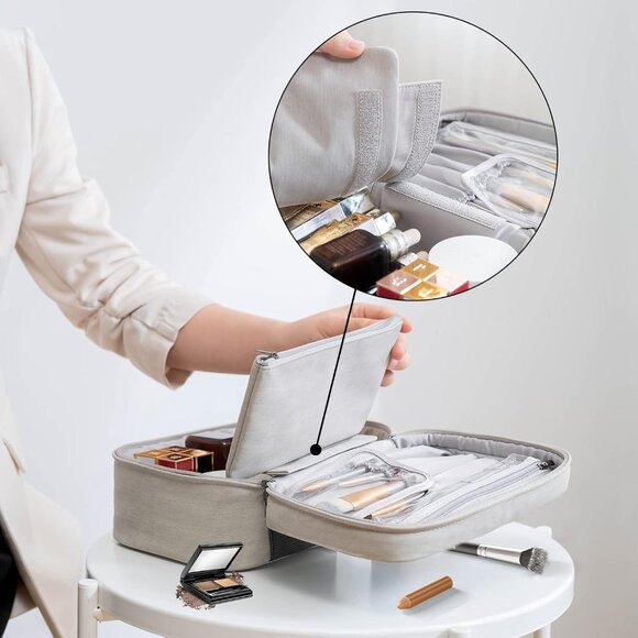 2-Pack Waterproof Leather Makeup Bag, Portable Travel Cosmetic Organizer - Grey - Picture 12 of 12